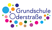 Logo der Grundschule Oderstrasse, viele verschiedenfarbige Kreise um die Wortmarke